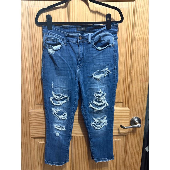 Judy Blue Denim - Judy Blue Skinny Fit Capris Distressed Ripped Blue Jeans Women Size 11 30